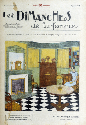 Lady in a living room with an empire-style library. Cover illustration of the January 1923 newspaper "Les Sundays de la femme".
