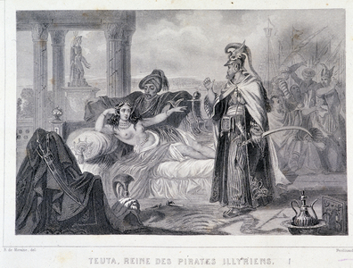 Teuta, queen of the Illyrian pirates, killing the Roman ambassadors - in “” General History of the Navy”” by E and V Penaud brothers, 19th century
