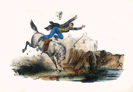 A rider falls after the rush of his horse. In “” Album Grotesque, Choices of Outstanding Types”, illustrations by Victor Adam, Paris, circa 1850.