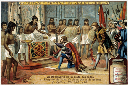 The discovery of the route of the Indes: Reception of Vasco de Gama by the Samudrin of Calicut, end of May 1498 - advertising vignette Liébig