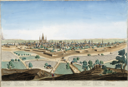 View of the city of Milan, Italy with the cathedral and the fortifications. Engraving of the 18th century.