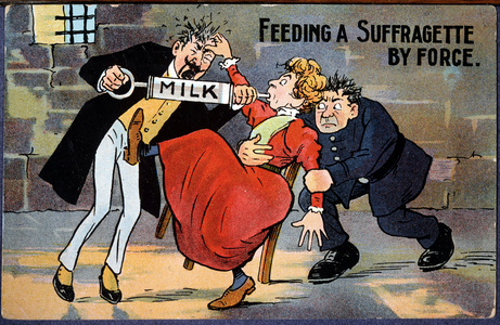 Strength-fed English suffragette - cartoon postcard, 1910