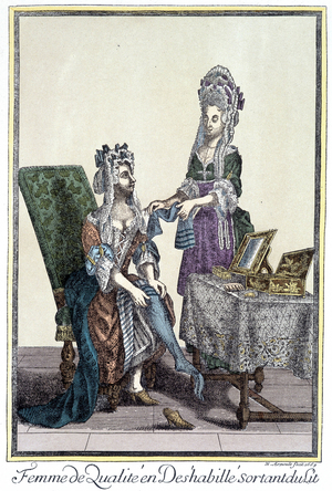 Quality woman in undressed, out of bed. Represebtation by Arnoult, 1689, on the costumes and occupations of quality characters of the 17th century. Here he describes the daily life of a quality lady from her rise to bed.