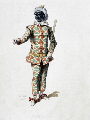 Arlechino (Harlequin), 1671 - from “” Masques et bouffons”” (Italian comedy), text and drawings by Maurice Sand, etchings by A. Manceau, preface by Georges Sand, 1860.