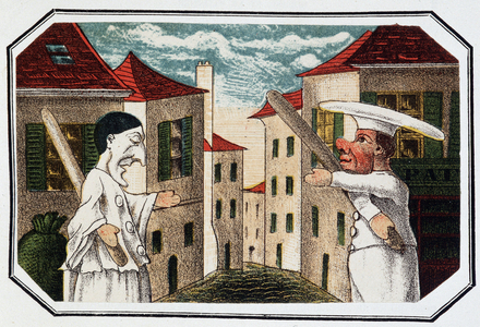 Puppets: Pierrot and the pastry maker - in “” Theatre des marionnettes du Jardin des Tuileries”” text and drawing by M. Duranty. Ed. Paris Imp. Dubuisson and Cie, 1863.