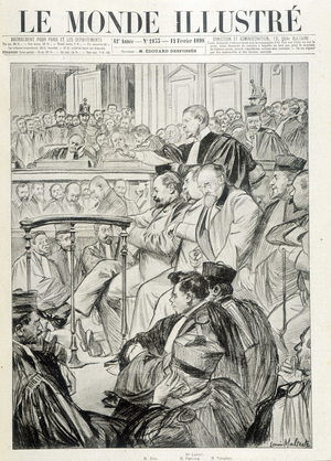Dreyfus case: At the Court of Assisi - the Zola trial - Master Fernand Labori (1860-1917) developing his conclusions. Cover of the newspaper “” Le Monde Illustré”” of 12/02/1898.