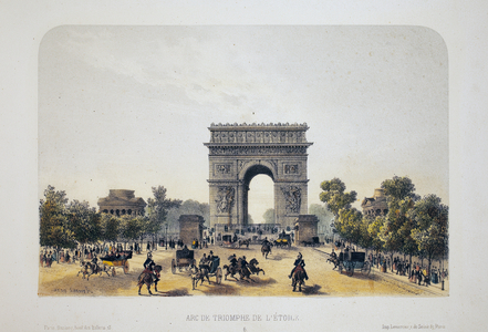 Arc de Triomphe de l'Etoile, Paris. Lithography watercolour, illustration by Arnout, in “Album, souvenirs de Paris””, Daziaro editor, Paris, 1885.