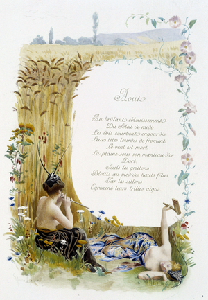 August “” La Chanson du mois”” by Jérôme Doucet, illustration - Maurice Leloir, ed. Reims 1904. L. Michaud