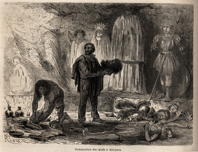 Restoration of statues of saints in Sarayacu (Peru), drawing by Riou, to illustrate Paul Marcoy's journey from the Pacific Ocean to the Atlantic Ocean from 1848 to 1860. Engraving in “” Le tour du monde””, edited by Edouard Charton, 1865. Selva's collection.
