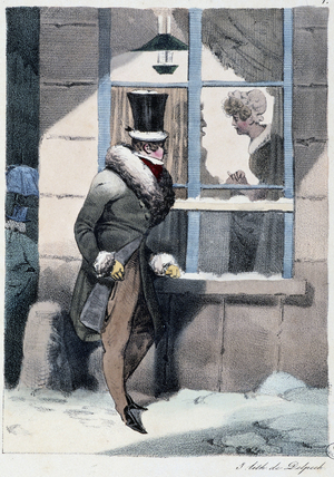 Curious man looking out the window inside a house: “” Everyone takes his pleasure where he finds him”” - in “” Les pastemps”” by Henri Monnier, ed. Delpech, Paris, 1830