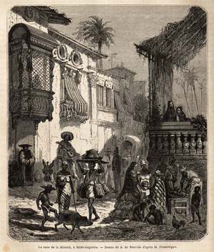 La casa de la Merced ( actuelle Mercy Street) a Saint Augustin, la plus ancienne ville  des Etats-Unis ( Etats Unis), fondee par les Espagnols en 1565; rue principale de la ville, etroite et populeuse, avec divers animaux et un melange singulier des divers types americain: indiens, afro-americain ( afro americain), metis et mulatres . Gravure pour illustrer le recit quatre mois en Floride, par Achille Poussielgue en 1851-1852, publie dans "" Le tour du monde"" 1870-1871, sous la direction d'Edouard Charton, edition Hachette, Paris. Collection Selva. 