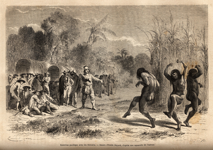 A peaceful interview between the author's expedition and some Siriniris Indians (tribe of Peru, on the Bolivian border), attracted by the opportunity to barter hunting objects for hardware, they turn at themselves, shouting and gestulating. Engravure pour illustrrer le voyage dans les vallees de Quinquinas (Peru), by Paul Marcoy, in 1849-1861, published in “” Le tour du monde””” 1872, edited by Edouard Charton, edition Hachette, Paris. Selva Collection.