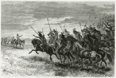 Tobas Indians (between Paraguay and Bolivia) refusing to pass to the column of the Thouar expedition, 19th century (engraving)