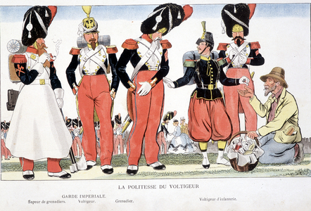 La politesse du voltigeur: sapeur de grenadiers, voltigeur, grenadier, voltigeur d'infanterie - in “” Nos soldats du siècle”” by Caran d'Ache, ed. Plon Nourit & Cie, circa 1890