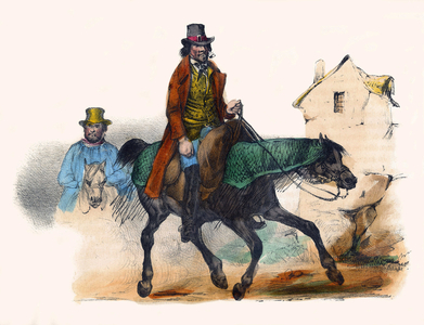 The beef merchant trotting by calculating his profit. In “” Album Grotesque, Choices of Outstanding Types”, illustrations by Victor Adam, Paris, circa 1850.