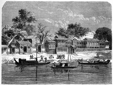 Palace conceived to the French missionaries in Tien Tsin (Tien-Tsin, Tianjin), China. Engraving by Lancelot, in “” Le Tour du Monde, Nouveau journal des Voyages””, edited by Edouard Charton, Paris, 1864.