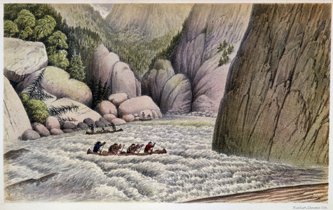 Men in Canoeing Descending Rapids: “” An escape at the fourth rapid””” - in “” Exploration of the Labrador Peninsula”” by Hind, London, 1863