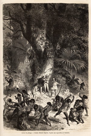 Scene de pillage en pleine foret vierge, l'expedition se fait surprendre par des indiens chunchos, qui pillent les ballots, emportant tout ce qui avait aiguise leur convoitise, haches, couteaux, bottes et habits... mais sans aucune violence, avec des cris de joie et des plaisanteries; dans la vallee de Caravaya ( cordilliere des Andes). Gravure pour illustrer le voyage dans les vallees de Quinquinas ( Perou), par Paul Marcoy, en 1849-1861, publie dans "" Le tour du monde"" 1872, sous la direction d'Edouard Charton, edition Hachette, Paris. Collection Selva. 