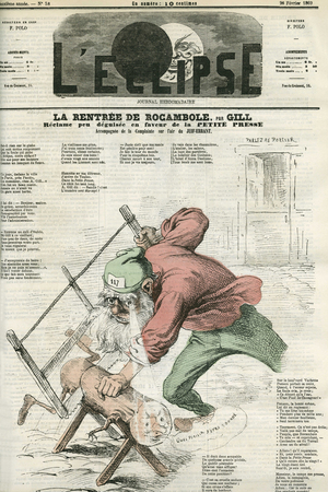 Rocamel's rent, advertisement for “La Petite Presse”. Cover in “” L'Eclipse”” by Gill, February 26, 1869, Paris.