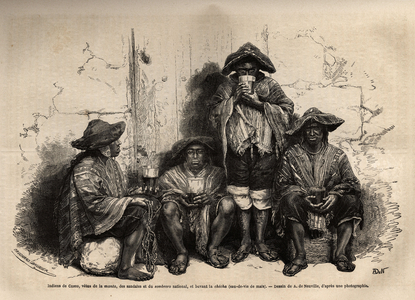 Indians of Cuzco (Peru), vetus of the manta, sandals and traditional sombrero, employed as labour for the exploitation of guano deposits in the Chincha Islands, drinking shisha, but fermented brandy. Engraving to illustrate Les iles Chincha, rect by L.Simonin, in 1860, published in “Le tour du monde, nouveau journal des voyages””, edited by Edouard Charton, 1868, Paris. Selva Collection.