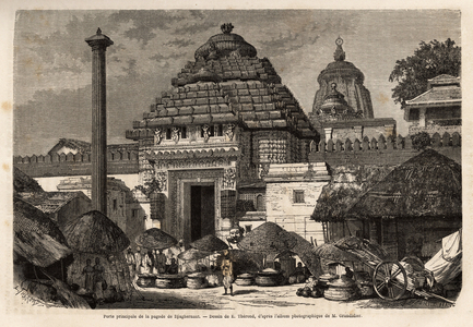 A popular walk in front of the main gate of the Djaghernaut Pagoda (built around 1200), a holy city and pilgrimage site in southern Bengal. Engraving to illustrate the voyage in the meridional provinces of India, by Alfred Grandidier, in 1862-1864, published in “” le tour du monde””, under the direction of D'Edouard Charton, Hachette, Paris 1869.Selva Collection.