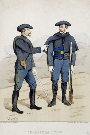 Uniforms of Alpine Hunters - drawing by Ludovic, 1889