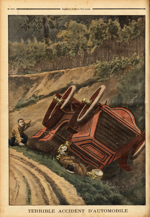Accident of a prototype car built for speed, capable of competing with an express train, the mechanic was able to jump from the moving vehicle while the driver was crashed by the car and died instantly. Engraving in "Le petit journal" 11/11/1900. Selva Collection.