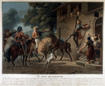 Don Quixote riding on his spear.