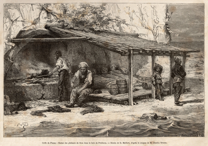 A tuna fishing lodge in the bay of Proelucca, Gulf of Fiume (or Rijeka, Istria), three of the fishermen are still sleeping, wrapped in blankets, another will equip and replace the lookout, another will prepare the kitchen and the moss wanders at the foot of the rock. Dalmatia, by Charles Yriarte, in 1874, published in “Le tour du monde”” 1876, edited by Edouard Charton, Hachette edition, Paris. Selva Collection.