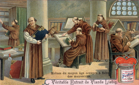Middle Ages monk writing manuscripts. Chromolithography, Liebig image