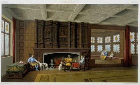 English lord and his family in his 17th century home. Chromolithographic plate - in “” Le costume historique”” by Racinet, 1876.