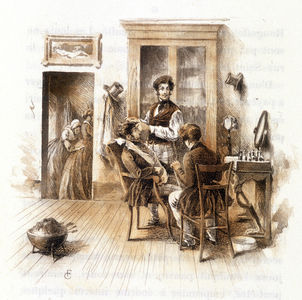 Barber. Illustration of “” Profile of grisette””” new belonging to the collection “” Mimi de Pinson”” by Alfred de Musset, 1899. Illustration by François Courboin.