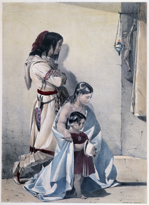 Troc de fourrures contre des tissus entre indiens Hurons du Canada et homme blanc - in ""Smyth's sketches in the Canadas"" by Coke Smyth, London, 1838