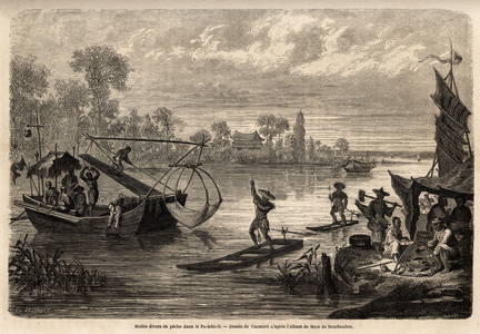 The various methods of fishing the rivers in the province of Pet Tche Li (fire fishing, trident fishing, fish fishing, chess fishing and shore fishing) are described. Drawing by Vaumort (? -1886), to illustrate the journey from Shanghai to Moscow, from 1859 to 1862, of M. de Bourboulon, French minister to China. Engraving in “” Le tour du monde””, edited by Edouard Charton, 1864. Selva's collection.