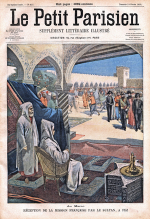 The Sultan of Fez receives the French Mission composed of Minister Saint Rene Taillandier and Consul Gaillard, at the Palace of El Betha,  in “Le Petit Parisien”, on the 19/02/1905 (engraving)
