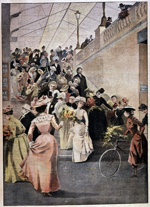Crowd returning from the countryside on Sunday evening at Saint Lazare station (Saint-Lazare) - in "Le Petite journal", 1901.