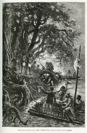 Arrival of the raft of Dr. Crevaux and E. Lejeanne, on the banks bordering the village of Mitouas. Engraving by Riou, to illustrate the voyage of exploration through New Granada and Venezuela, by Doctor Crevaux, first class physician of the navy and E.Lejeanne, marine pharmacist, in 1881, published in the Tour du monde, under the direction of Edouard Charton (1807-1890), 1882, Paris. Selva Collection.
