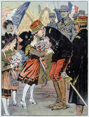 The Marechal Joseph Jacques Césaire Joffre (1852-1931) in 1914 in Thann, he kissed a little girl who gave him flowers and promised that Alsace would become completely and forever French. In “Our national glories”, circa 1920.