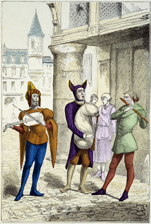 Travelling musicians in the 15th century - in “” Costumes de Paris through the centuries””, 19th century