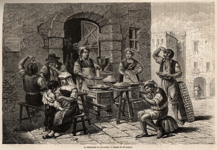 The macaroni merchant, drawing by Bergue, to illustrate Naples and the Neapolitans, in 1861, by Marc Monnier (1829-1885). Engraving in “” Le tour du monde”” 1861. Selva's collection.