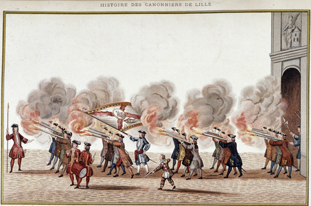 The confrerie of Sainte-Barbe (Sainte Barbe) leaving his hotel to go to Place d'Armes, to take part in the revives of the birth of the dolphin, September 29, 1729 - in “Histoire des canonniers de Lille””, 19th century