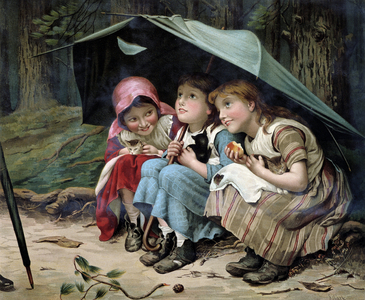 Three little kittens (fillettes et chatons se serrant sous un parapluie) - chromolithographie anglaise, 1885