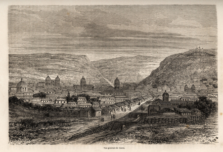 General view of Cusco or Cusco, former capital of the Incas, drawing of Riou, to illustrate Paul Marcoy's journey through South America from 1848 to 1860. Engraving in “” Le tour du monde””, edited by Edouard Charton, 1863. Selva's collection.