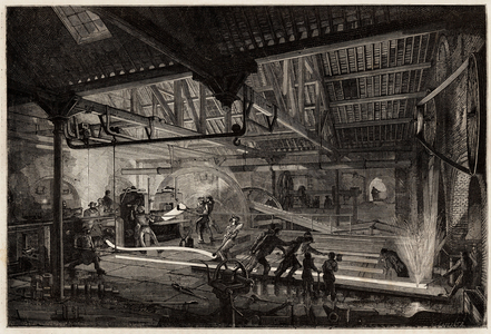The manufacture of the rails in the old forges of Le Creusot, the steel strips, white of heat, extend in rails between the rolling mills. Engraving to illustrate a voyage to the Creusot and the mines of Saone and Loire, in 1865, by L. Simonin, in “” Le tour du monde, nouveau journal des voyages”” published under the direction of Edouard Charton, 1867, Paris. Selva Collection.