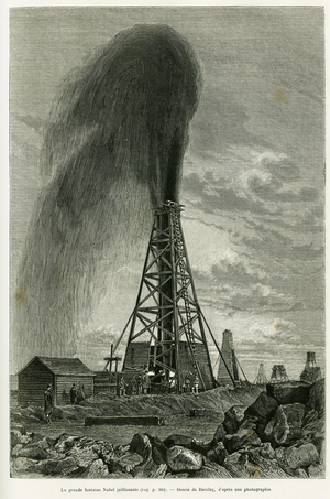 The great Nobel fountain gushing out of the wells of the Baku region. Engraving by Barclay to illustrate the story Voyage a Merv, by Edgar Boulangier, in le tour du monde 1887, directed by Edouard Charton (1807-1890), Hachette, Paris.