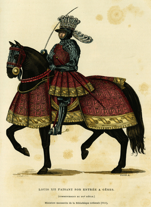 Portrait of Louis XII King of France (1462-1515), making his entrance to Genes on 26 August 1502. Colour engraving after a miniature manuscript of the national library (1515), in “France et les francais a travers les centuries” by Augustin Challamel, F.Roy editor, Paris 1882. Selva Collection.