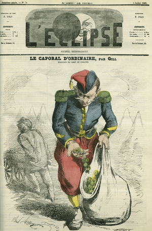 The usual corporal, a soldier growing a garden in Chalons camp. Cover in “” L'Eclipse”” by Gill, July 3, 1869, Paris.
