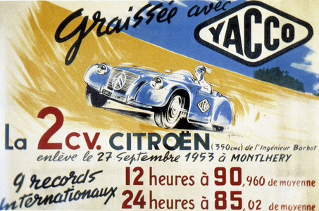 Advertising for the 2 CV Citroën (records in Montlhéry) document Citroën, 1953.