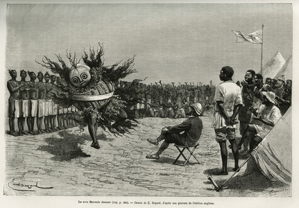 The Sova Mavanda (king), surrounded by his men who psalmodify a monotonous song, dancing in front of the major. Engraving by Emile Bayard, to illustrate the story how I've traversed Africa, from the Atlantic Ocean to the Indian Ocean, by Major Serpa Pinto, in 1877-1878, published in the Tour du monde, edited by Edouard Charton (1807-1890), 1881, Paris. Selva Collection.