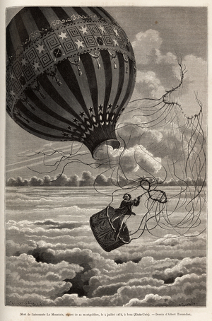 Death of the aeronaute John La Mountain, separated from his balloon on July 4, 1873, in Iona (USA), engraving after a drawing by Albert Tissandier illustrating a study on airshipwrecks, by Gaston Tissandier, published in “Le tour du monde”” 1875, edited by Edouard Charton, Hachette edition, Paris. Selva Collection.